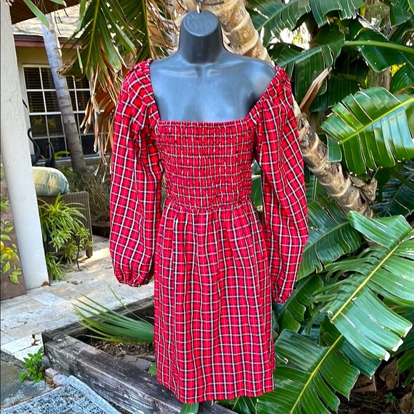 Dresses & Skirts - off the shoulder plaid puff sleeve dress with smocked bodice